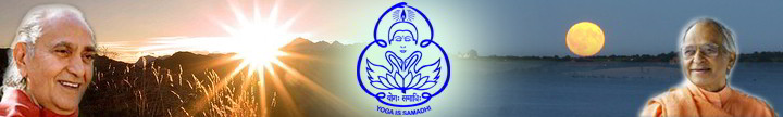 Ahymsin Newsletter Banner: Left is Swami Rama, Center is Yoga Is Samadhi logo, Right is Swami Veda